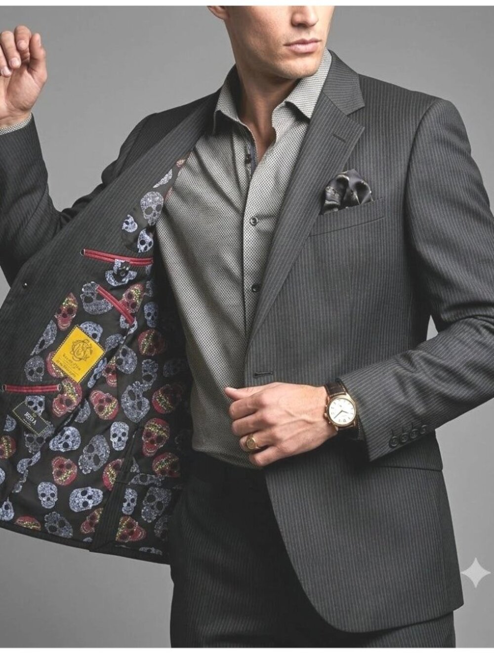Sabestian Grey M Dark Gray Pinstripe Suit Blazer With Skull Liner Modern Slim Fi